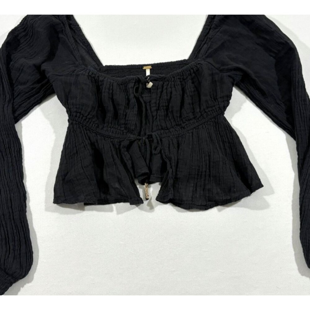 Free People Black Smocked Long Sleeve Cottage Core Goth Blouse Gauzy Top Sz S - Picture 2 of 13